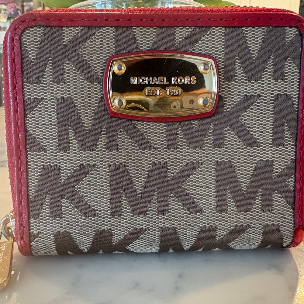 Michael Kors MK Logo Compact Wallet with Red Trim